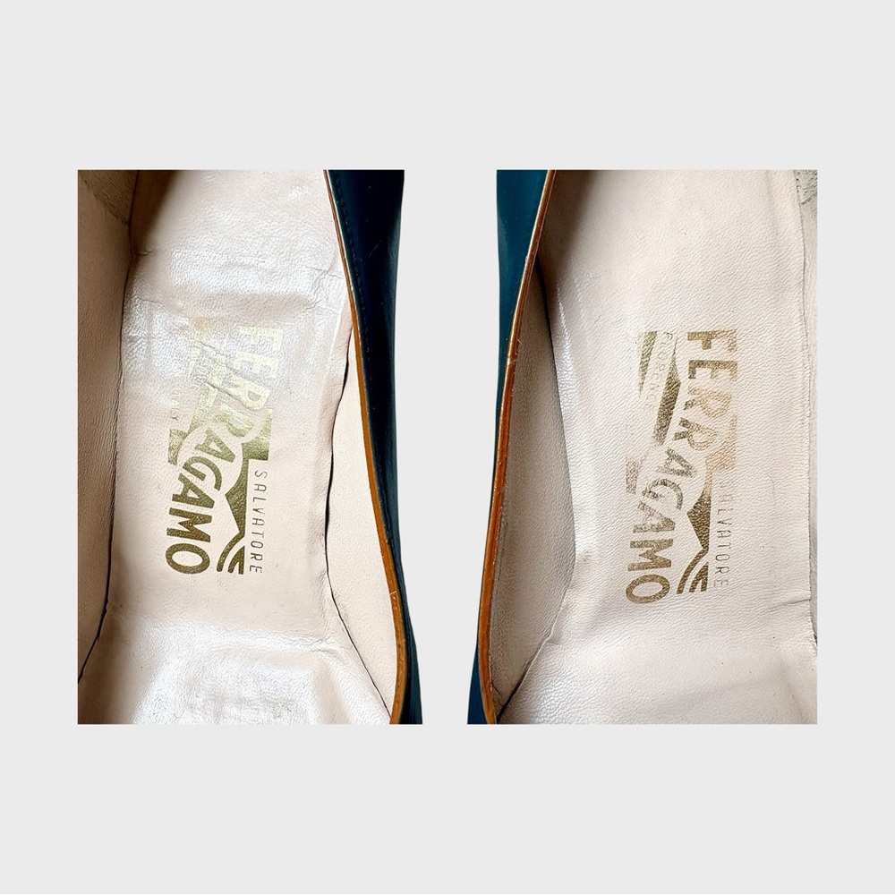 Ferragamo Women’s Teal Green Brown Trim Gold Sole Classic Heels Sz 7.5D - Picture 13 of 14